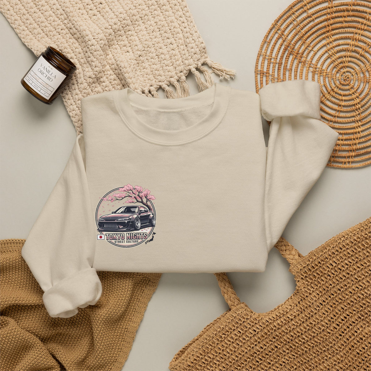 Vintage Camper Crewneck Sweatshirt — Retro Van & Cherry Blossom Graphic