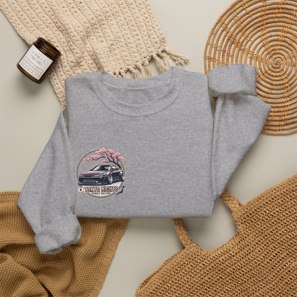 Vintage Camper Crewneck Sweatshirt — Retro Van & Cherry Blossom Graphic