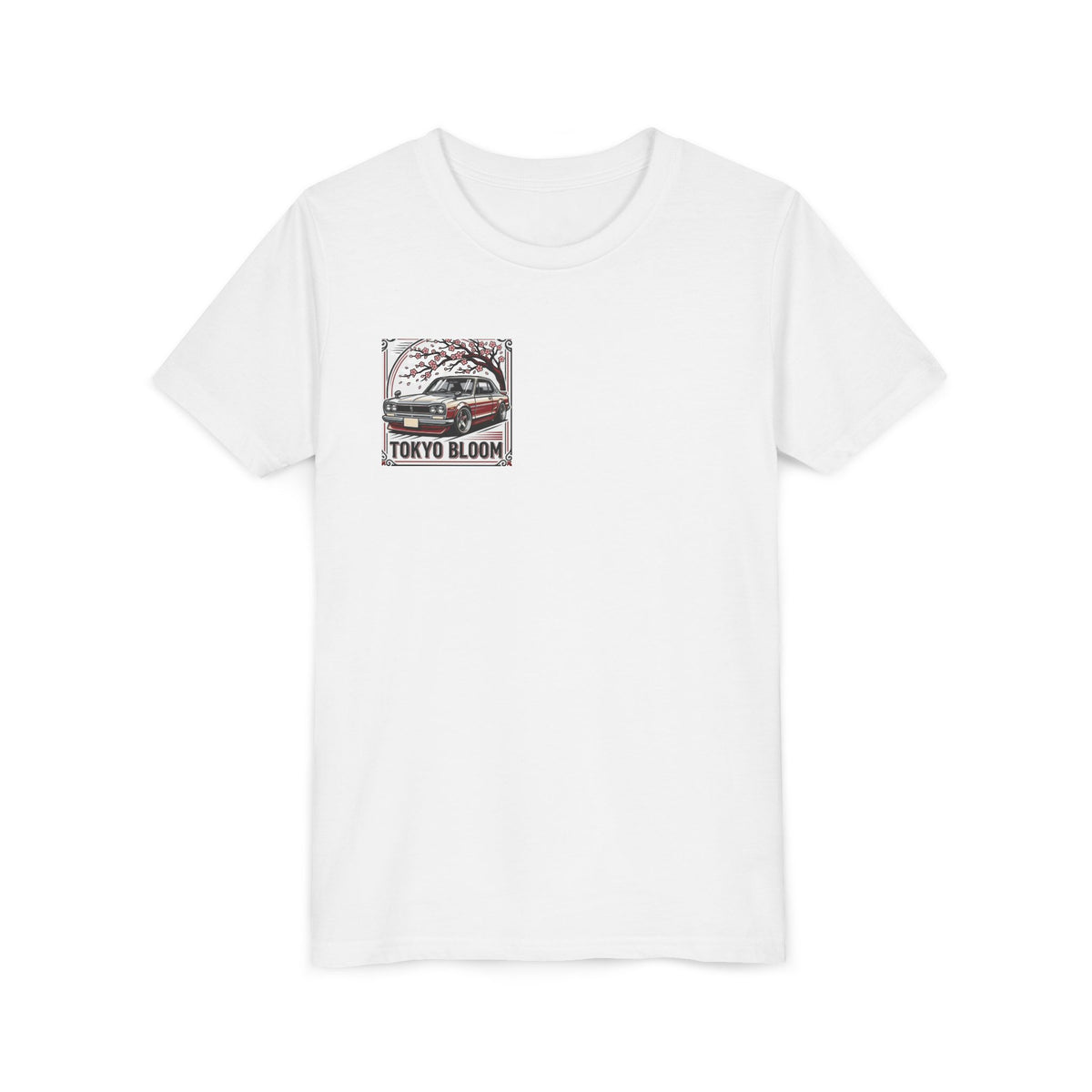 Tokyo Bloom Youth Tee — Retro JDM Car & Cherry Blossoms Tee